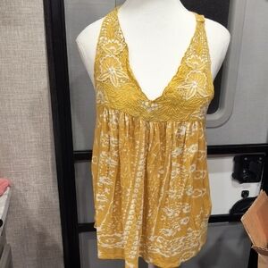 Lucky Brand Mustard Lace Detail Women's Blouse, Made In India, GUC